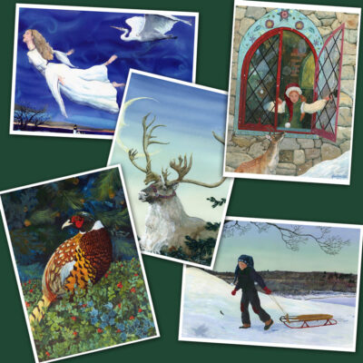 Collection of Christmas Greeting cards. Jen Greta Cart paintings of a pheasant in evergreens, a wise old Caribout, a boy pulling an old fashioned sled, a lady elf and reindeer at a castle window, and an angelic maiden in a white dress flying with a white heron.