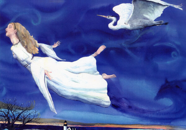 Jen Greta Cart Christmas Holiday Greeting Card with Angel and albino great blue heron