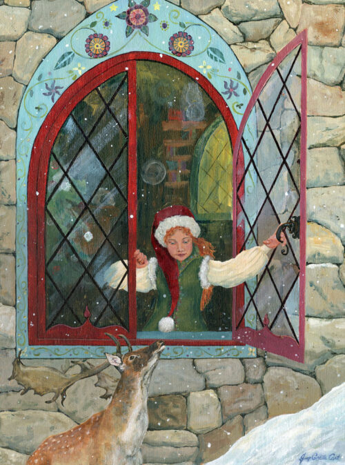 A girl Christmas elf and a fallow deer talk through an open mullioned castle window.