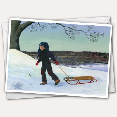 Holiday Greeting Card with boy sledding at Mt. Tom in Gardiner, Maine