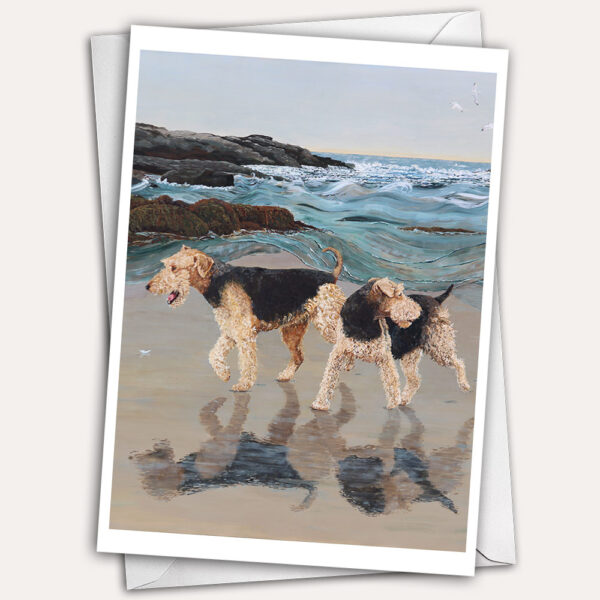 Greeting card with dogs running on Maine beach.