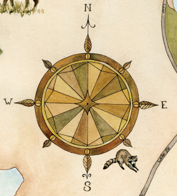 Painted compass rose in old brass colors by Jen Greta Cart