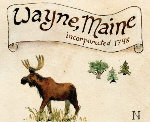 Watercolor Moose and Wayne Maine Scroll from Town Map