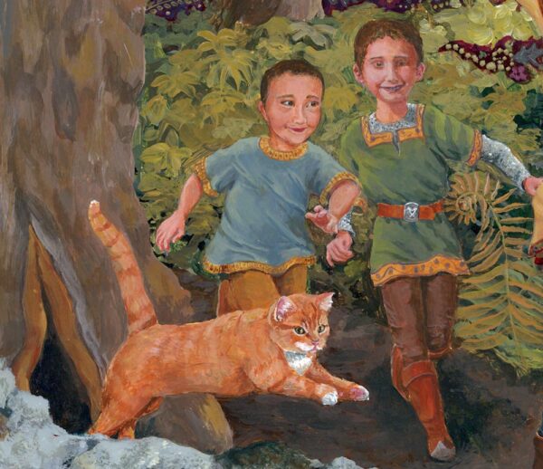 Two Princes and their cat run on a woodland path