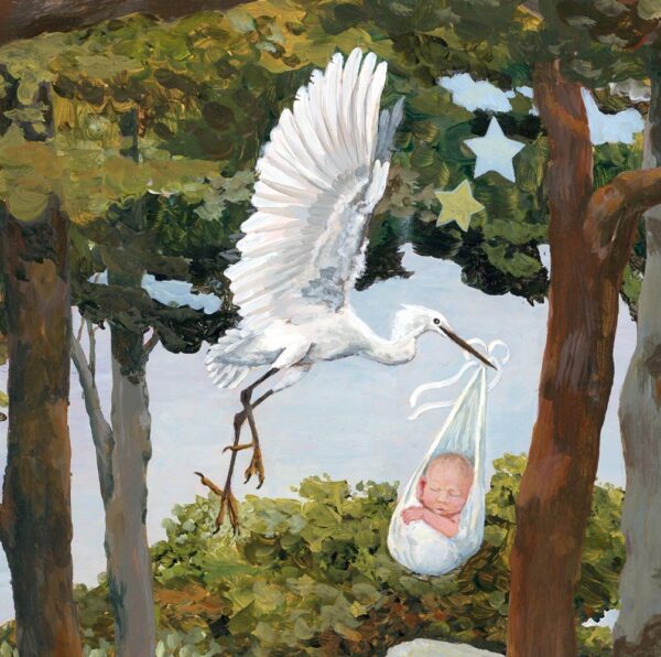 Premature baby boy carried by the magical stork.
