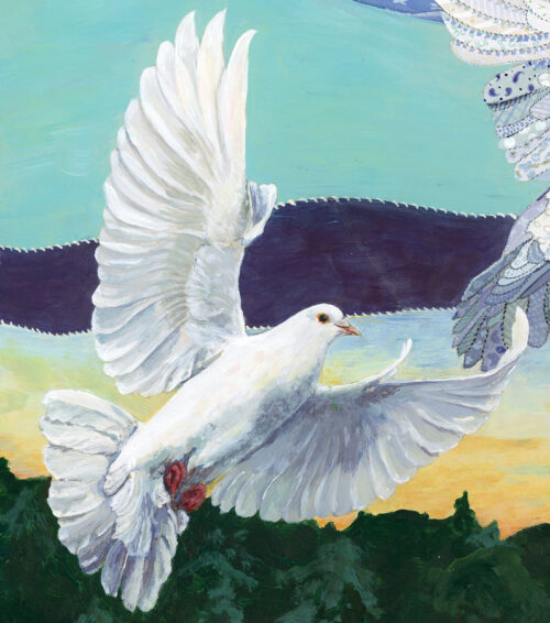 White dove flying detail from Jen Greta Cart Painting Doves in a Handmade Sky