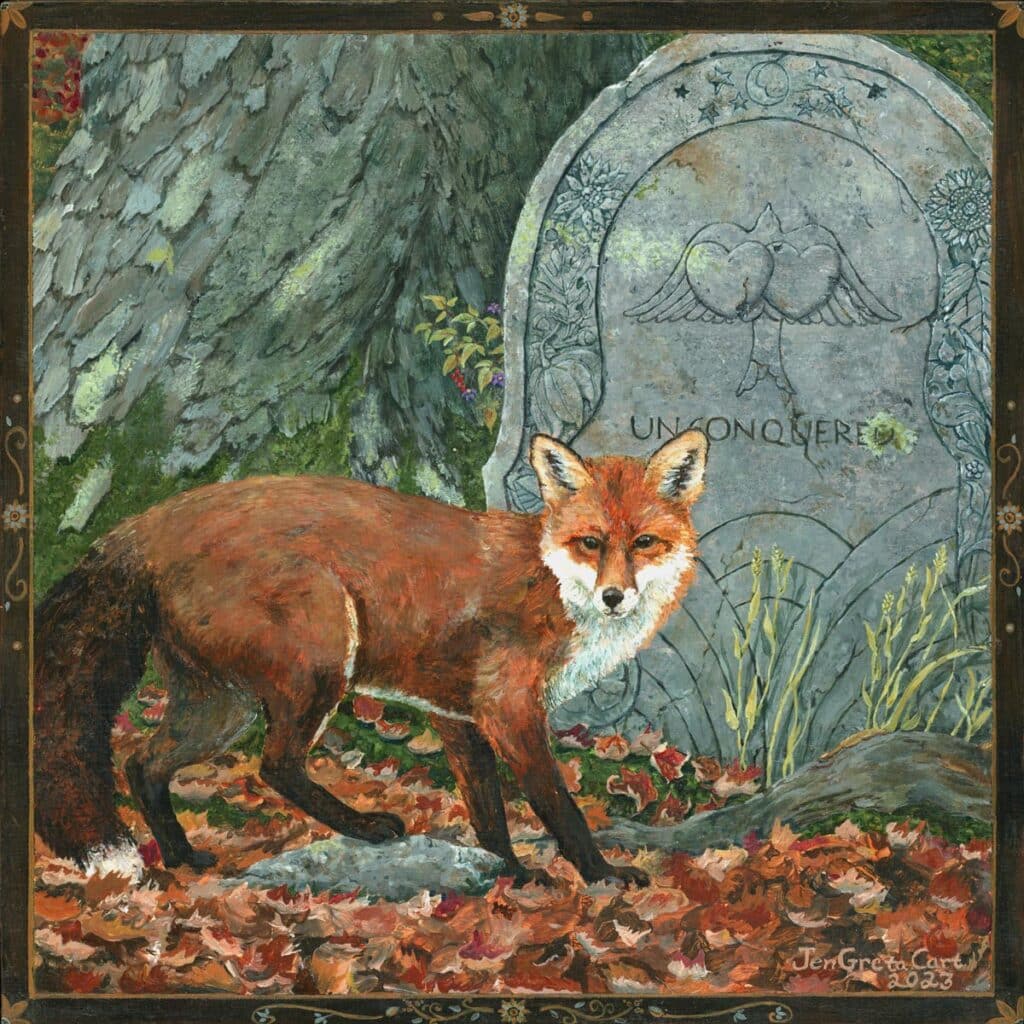A red fox passes a double heart gravestone in a forgotten cemetery gone back to woodland