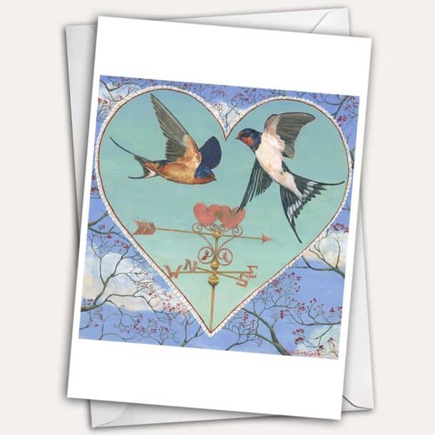 Swallows flying above a heart weathervane make a pretty and romantic valentine card.