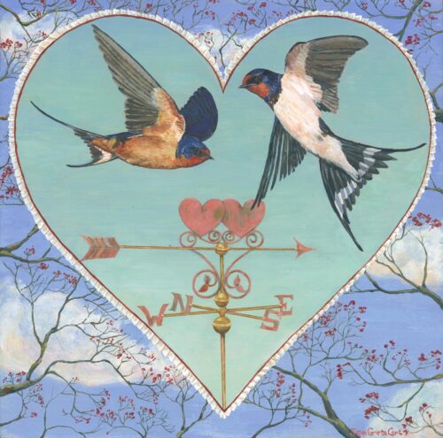 A pair of swallows flying in a heart shaped teal sky painting by Jen Greta Cart