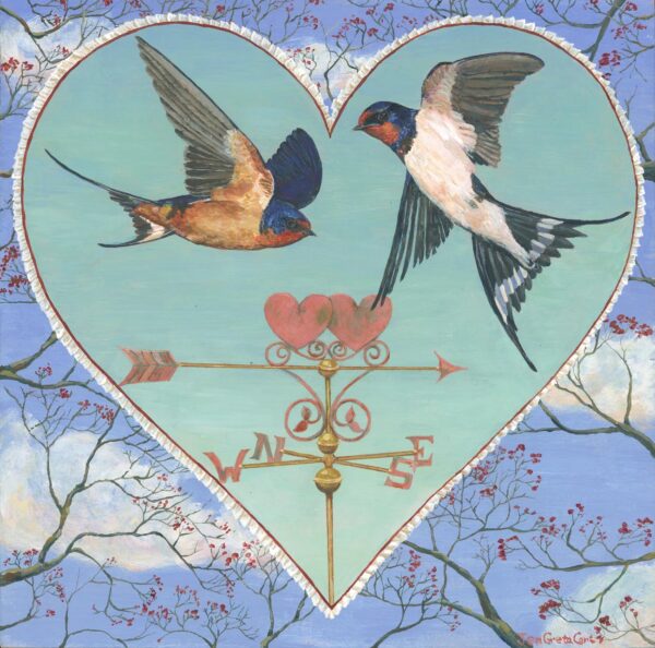 A pair of swallows flying in a heart shaped teal sky painting by Jen Greta Cart