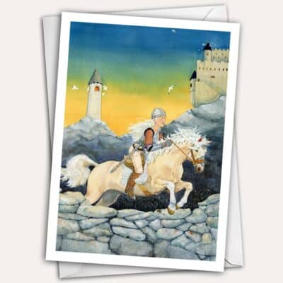 Warrior woman on palomino horse jumps stone wall greeting card Jen Greta Cart