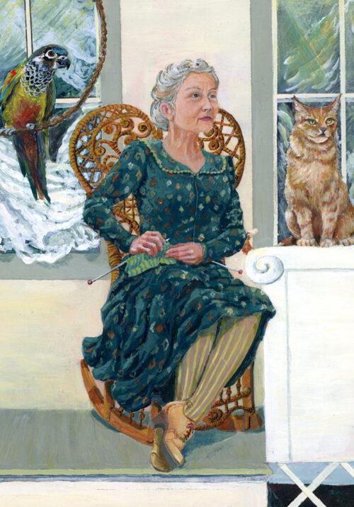 Lady, cat, parrot detail from Now Voyager painting by Jen Greta Cart