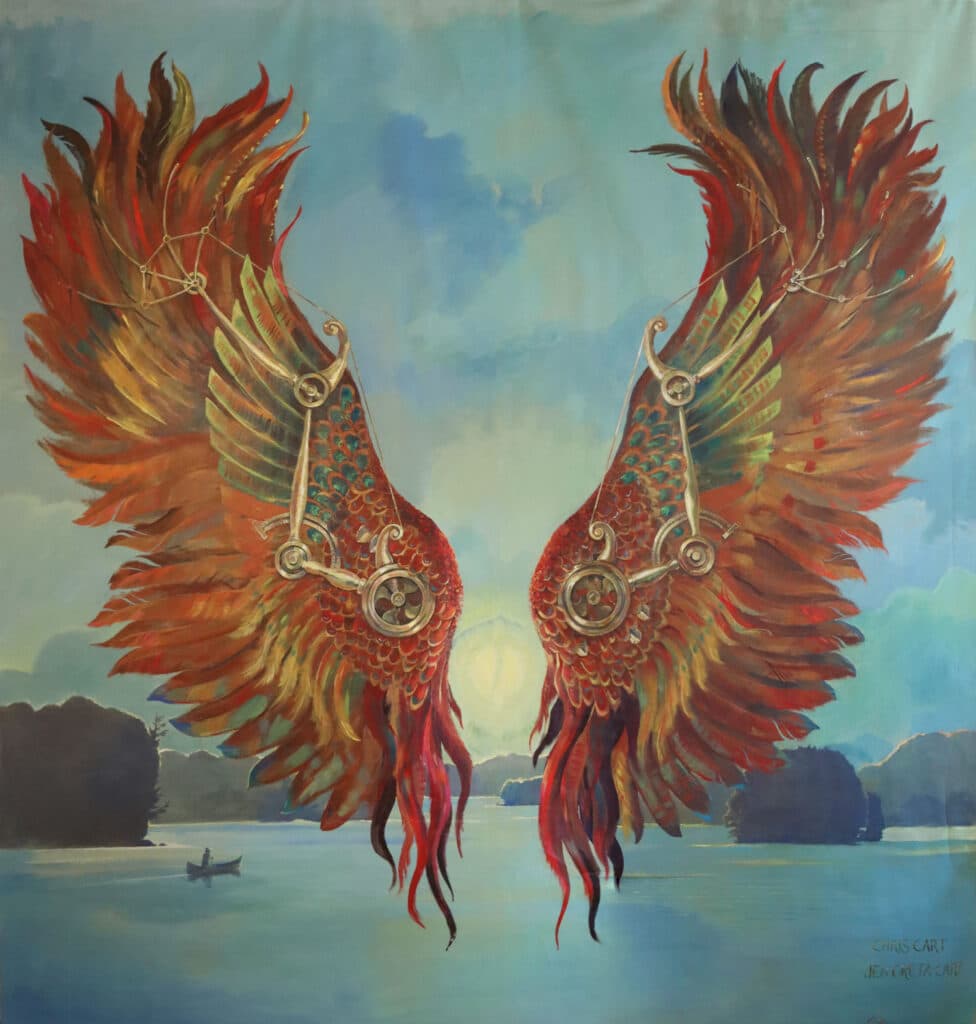 Chris and Jen Greta Cart Mural of Phoenix Wings at Travis Mills Foundation