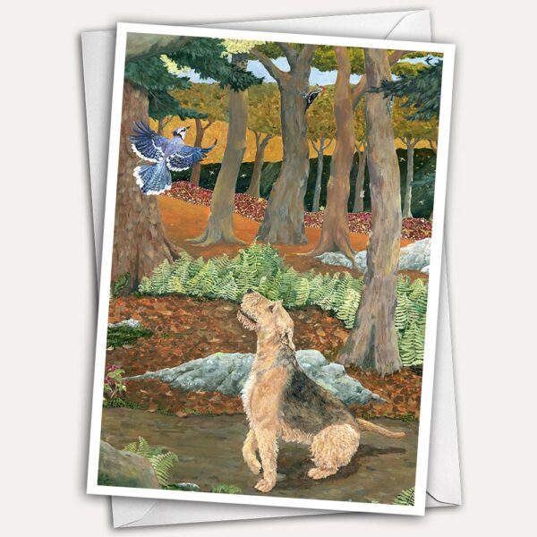 Airedale Dog greeting card with blue jay and other birds by Jen Greta Cart