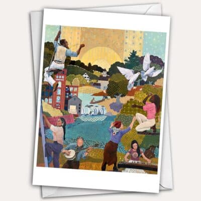 Mural Diverse People sewing together a world made from fabric quilt pieces Jen Greta Cart Brunswick Maine Fort Andross