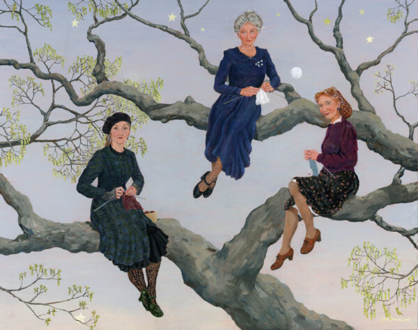 Three older women knitting in tree painting by Jen Greta Cart