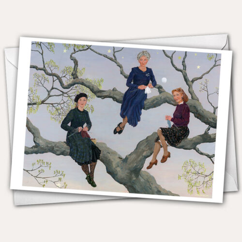 Three knitting women in vintage dresses in tree branches