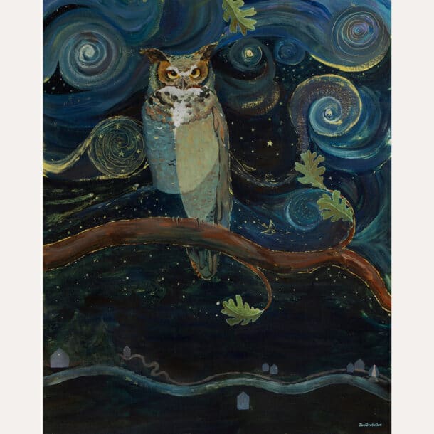 Stylized painting of horned owl perched on oak branch in starry night sky. Above River Road by Jen Greta Cart