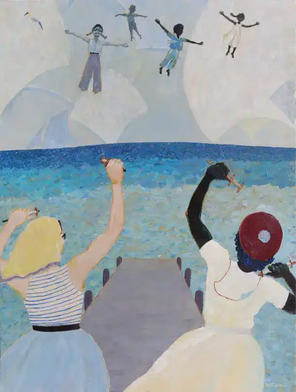 Painting of two women flying their children like kites from a pier over the ocean