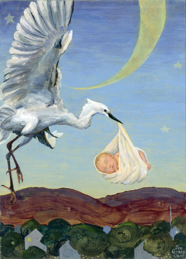 Stork delivering baby in dawn sky painting by Jen Greta Cart