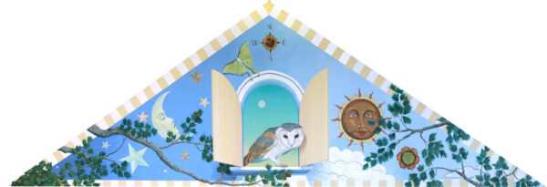 mural painting on Central Street in Hallowell, Maine with Owl, Sun, Moon, Luna Moth.