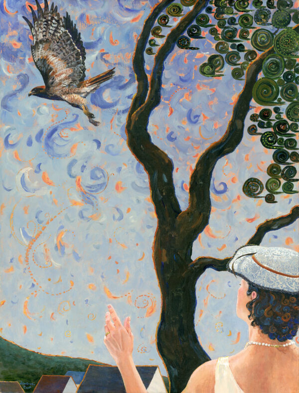 A woman in a blue and white lace 1950s hat with feather sees a hawk flying in a sky made of swirls of blue and sparks of orange heat. A tree with spirals for leaves leans in the hot wind. Painting by Jen Greta Cart