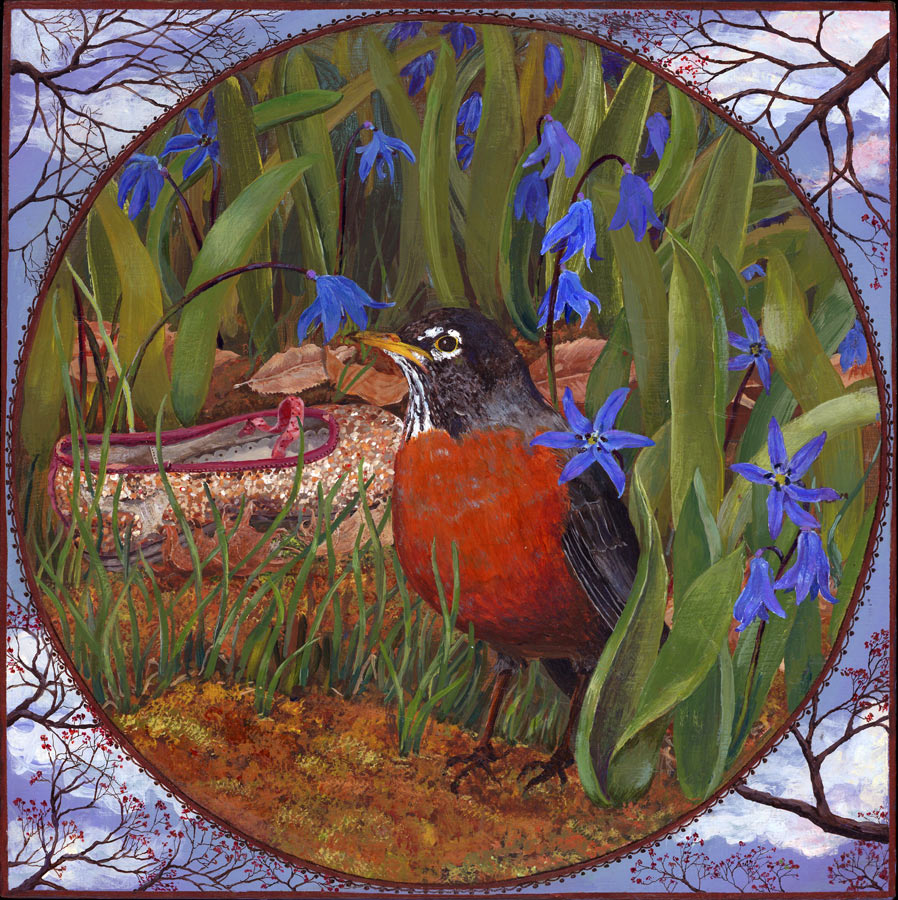 Painting of a Robin in Spring with blue Scilla or Squill flowers and a small abandoned shoe with sequins. Painting by Jen Greta Cart