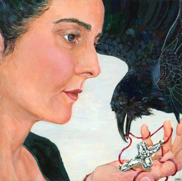 Woman receiving or relinquishing silver Crucifix or cross on a red ribbon to a Raven. Painting by Jen Greta Cart