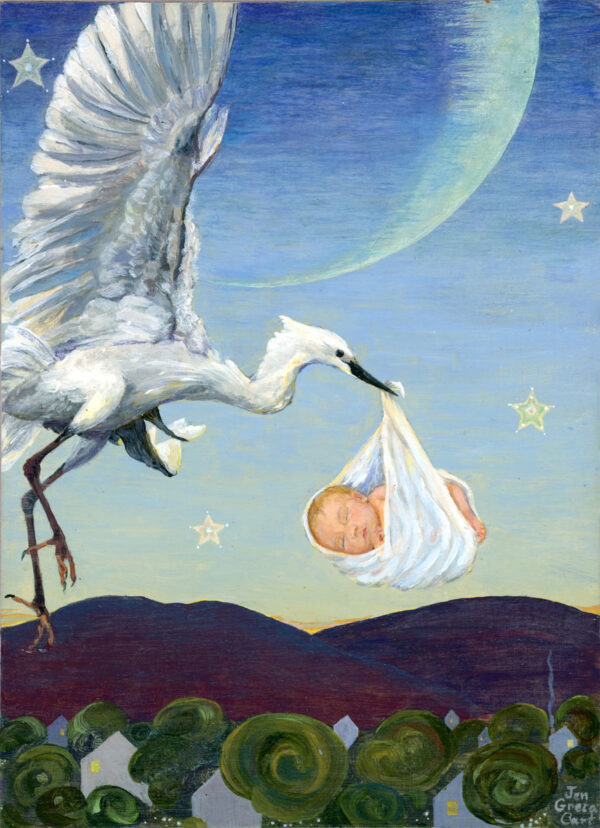 A white stork carrying newborn flies in front of crescent moon. painting Jen Greta Cart