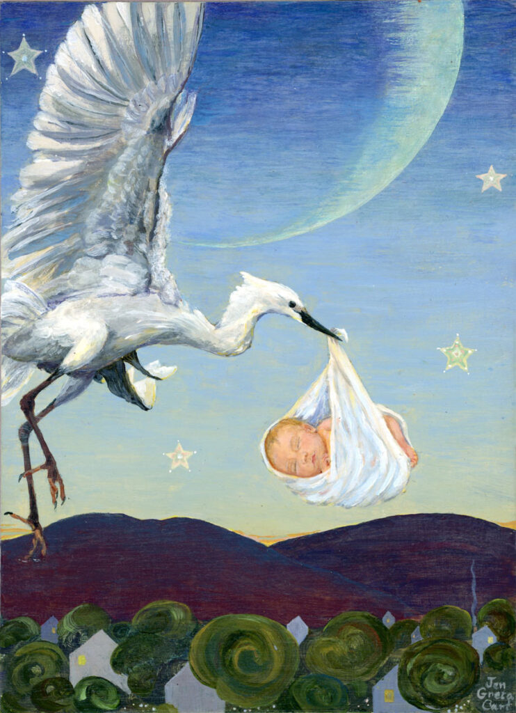 A white stork carrying newborn flies in front of crescent moon. painting Jen Greta Cart