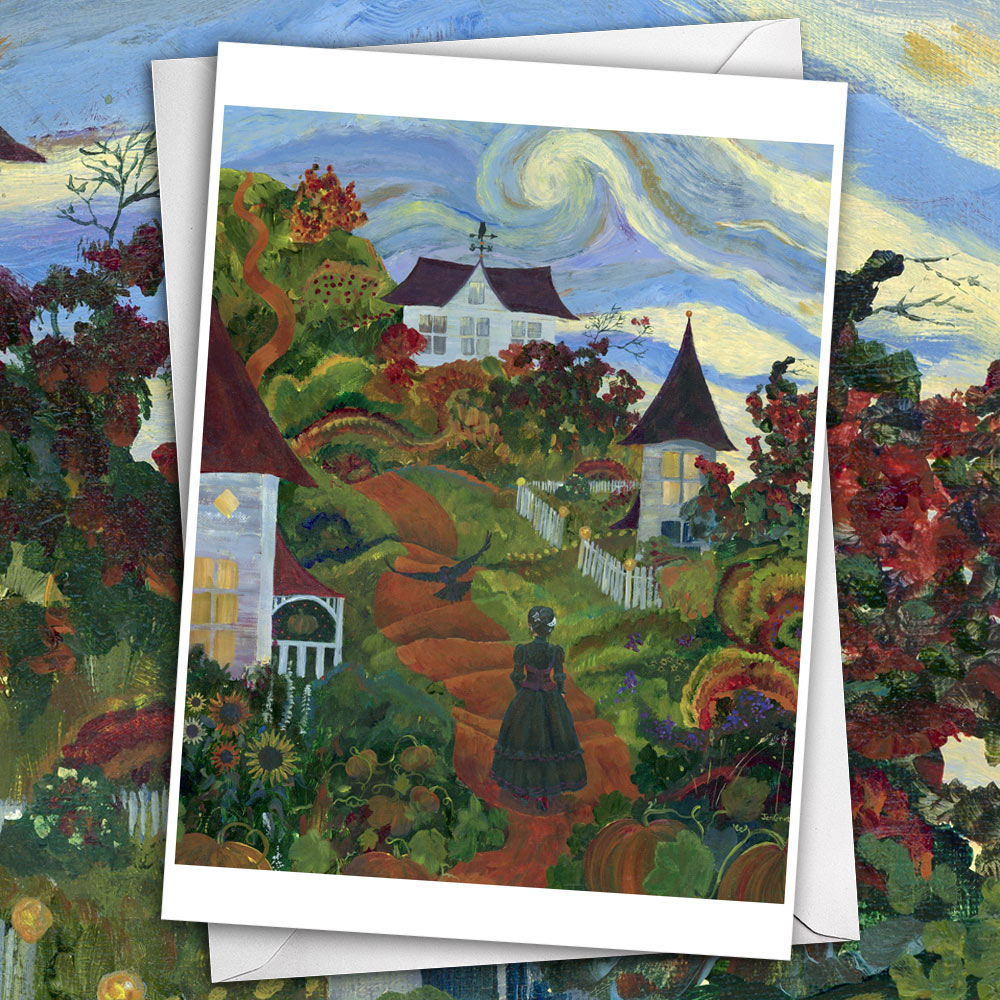 Greeting Card with image of a fantasy witch village and woman in black victorian gown