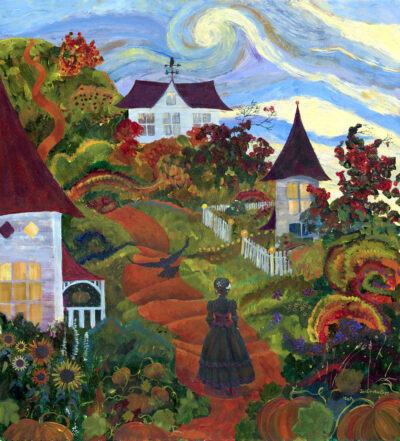 Jen Greta Cart atmospheric painting of a witch walking through a magical neighborhood