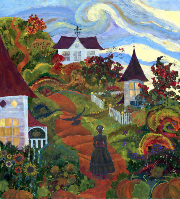 Jen Greta Cart atmospheric painting of a witch walking through a magical neighborhood